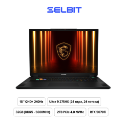 Купить 18" Игровой ноутбук MSI Stealth 18 Ultra 9 275HX RTX 5070 Ti IPS 2.5K 240Гц 32ГБ 2ТБ A2XWHG-034CN Чёрный